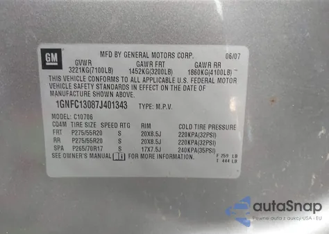 2007 Chevrolet Tahoe Lt из США, поврежденный, VIN 1GNFC13087J401343